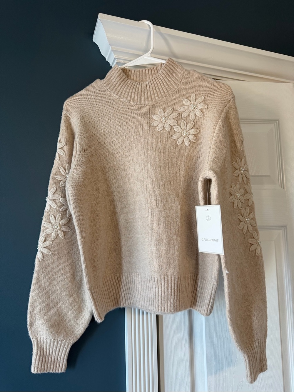 Floral-Appliqué Mock Neck Sweater in Beige
